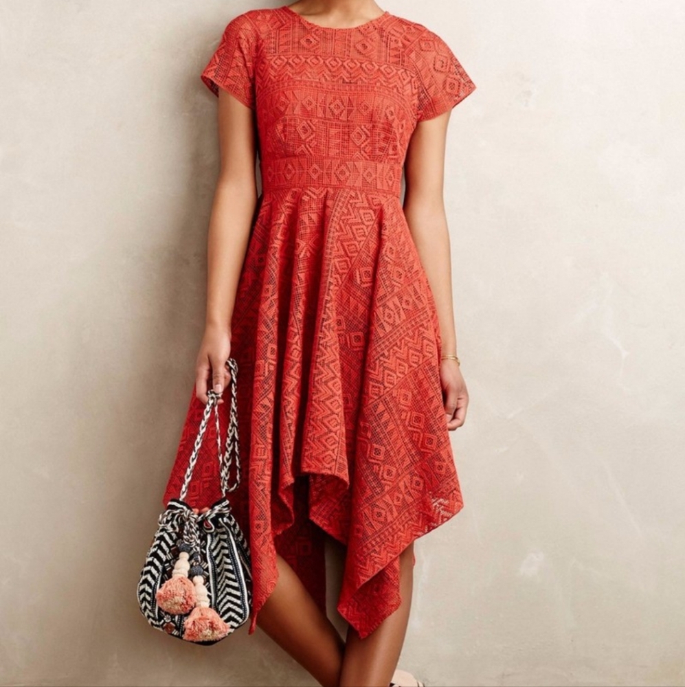 Anthropologie Maeve Red Asymmetrical Lace Dress